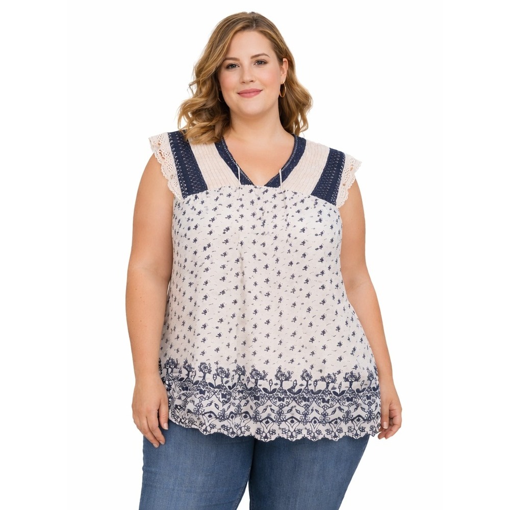 LUCKY BRAND Floral Lace-Trim Boho Blouse – Women's Plus Size 2X